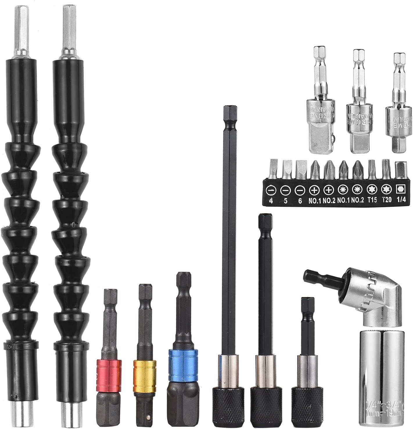 23pcs Wrench Socket Extension Bar Kit Universal Tool Set Hex Shank 105° Right Angle Adapter Drill Attachment