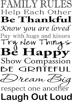 Family Rules Help Each Other Be Thankful Know you are loved Pay with hugs and kisses Try New Things Be Happy Show Compassion Be Grateful Dream Big respect one another Laugh Out Loud vinyl wall