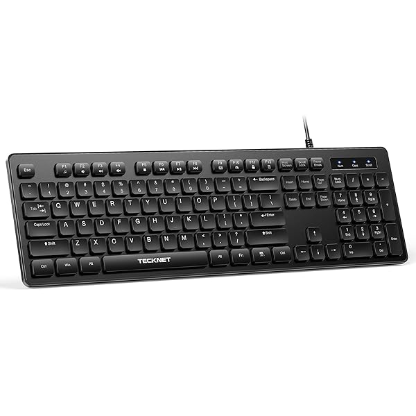 TECKNET Wired Keyboard,Silent USB Keyboard for Office,Spill-Resistant,Slim Full-Size Membrane Layout,Plug and Play for PC/Laptop/Mac
