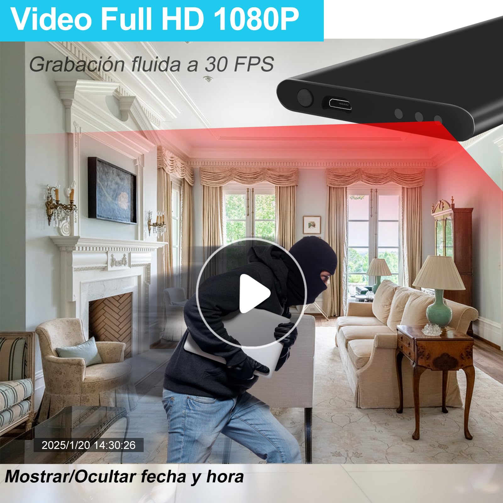 TANGMI Mini Camara Espia Bateria Externa 1080P HD 17h | Vision Nocturna, Deteccion Movimiento, Grabacion Bucle, SD 128GB, Portable, Carga Movil