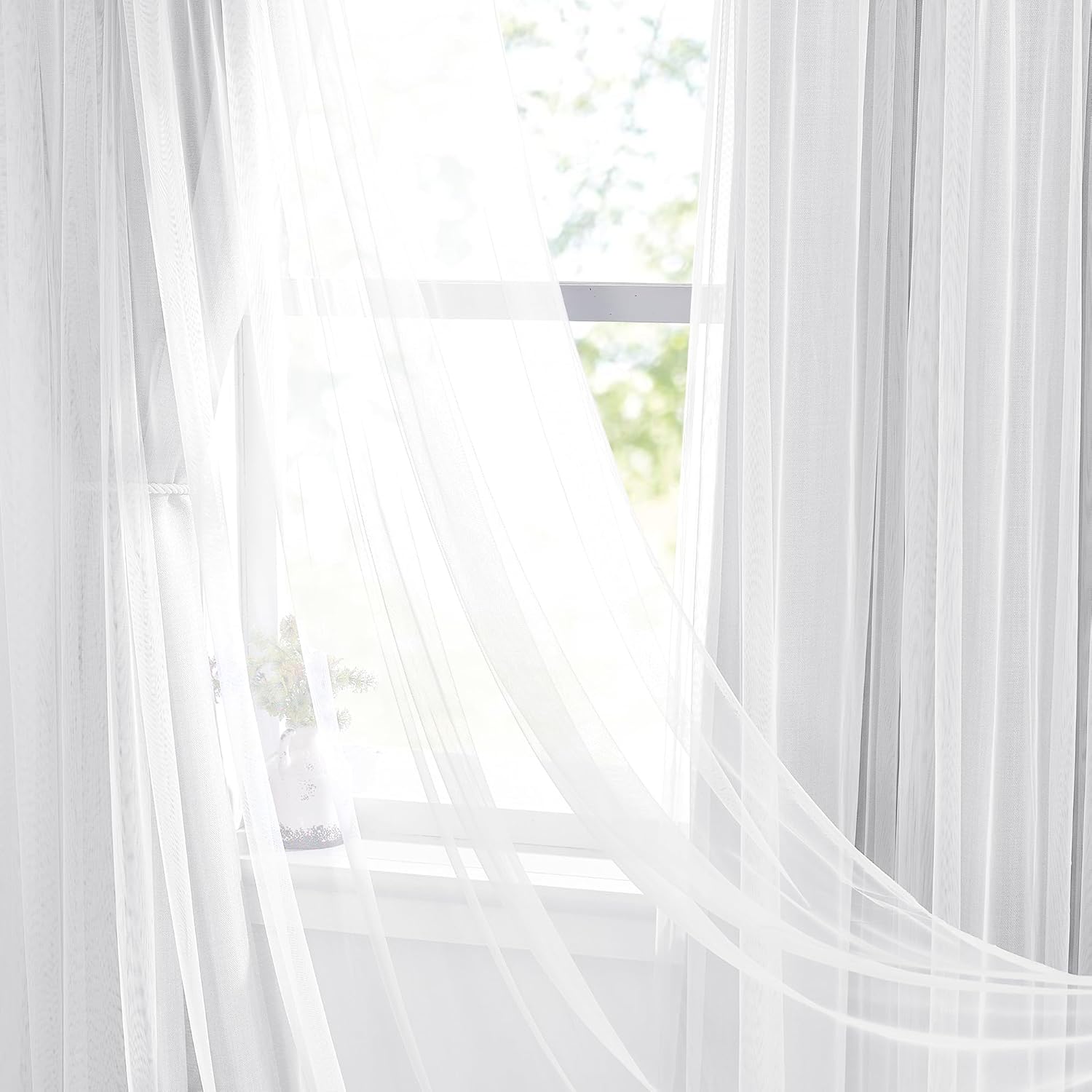 NICETOWN Linen Curtains with Sheer Overly 84 Inch Length 2 Panels for Living Room Grommet Top Farmhouse Bedroom Curtain Privacy Double Layer Curtain Drapes for Home Decor, 2 Panels, Greyish White