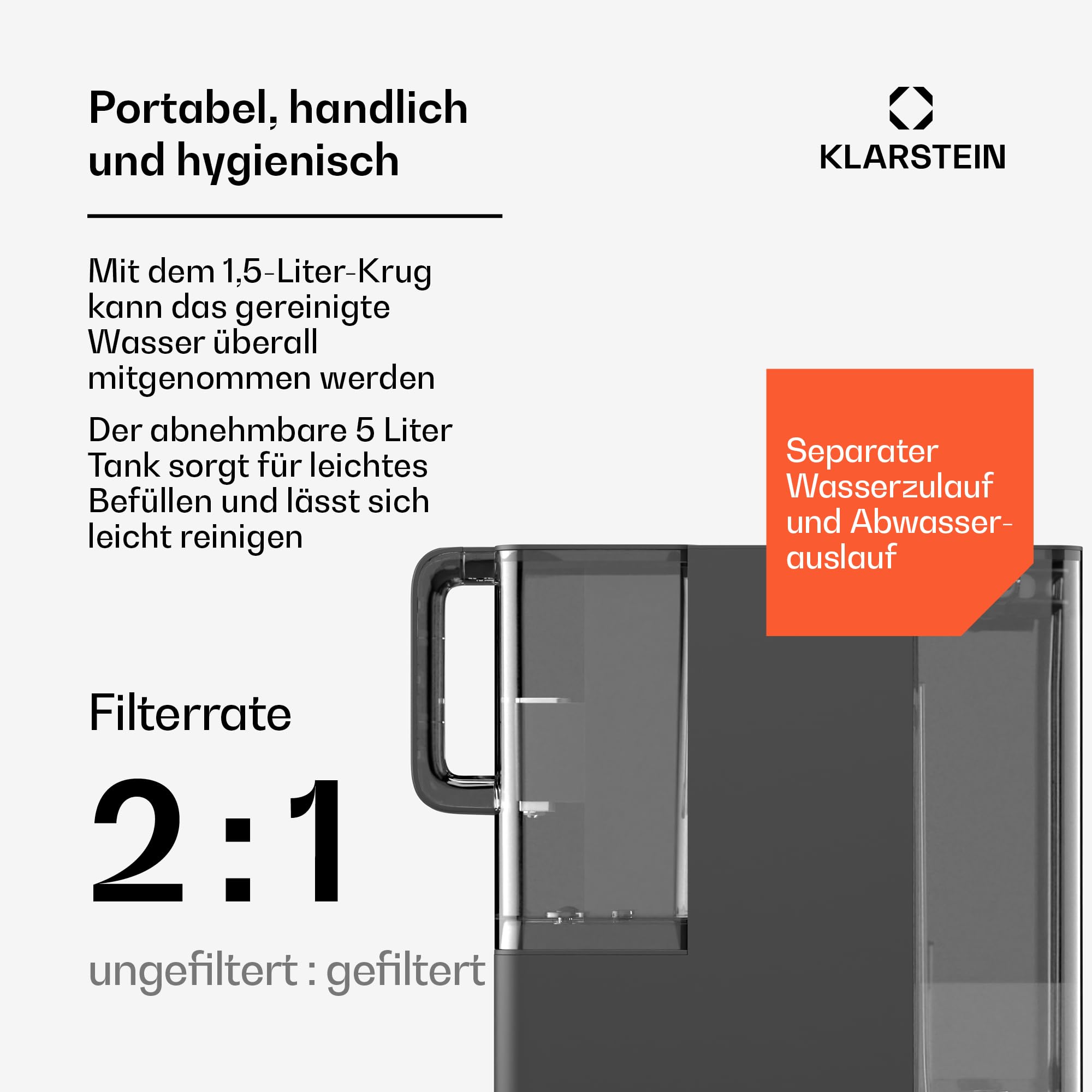 Klarstein VitalPour Osmoseanlage - 5-Stufen Umkehrosmosefiltration, Heißwasser in 3 Sek., 5L Tank & 1,5L Krug, 5 Temperaturstufen, Touch-Display, Kindersicherung, Einfacher Einbau