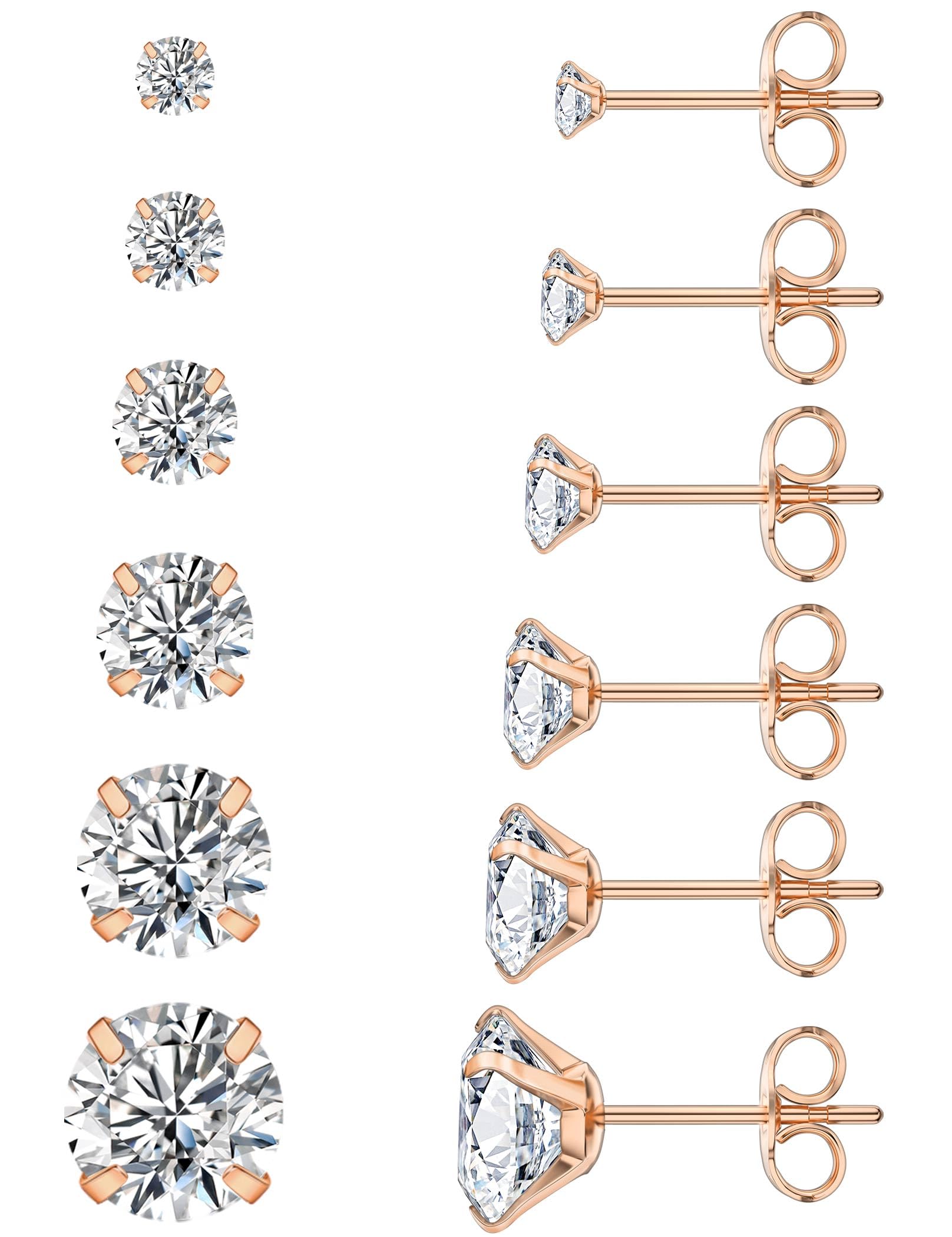 6 Pairs Stud Earrings Set, Hypoallergenic Cubic Zirconia 316L Earrings Stainless Steel CZ Earrings 3-8mm