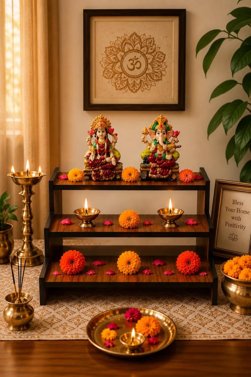 3 Tier Wooden Puja Chowki Stand for Home Mandir | 3 Tier | Wooden | Premium Finish | Home Mandir | Pooja Stand | Brown-image-7