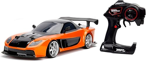 Jada Toys Fast & Furious Han's Mazda RX-7 Drift RC Car, 1: 10 escala 2.4Ghz Control remoto naranja y negro, listo para funcionar, carga USB