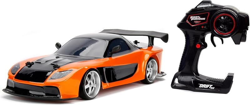 Jada Toys Fast & Furious Han's Mazda RX-7 Drift RC Car, escala 1:10 2.4Ghz Control remoto naranja y negro, listo para funcionar, carga USB (estándar) (99700)