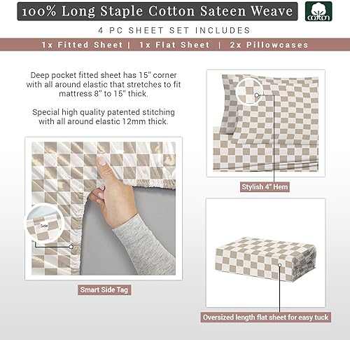 Miniatura 3 de Pizuna Juego de sábanas de algodón con estampado a cuadros de color gris pardo, 400 hilos, 100% algodón satinado, tamaño matrimonial, con bolsillo