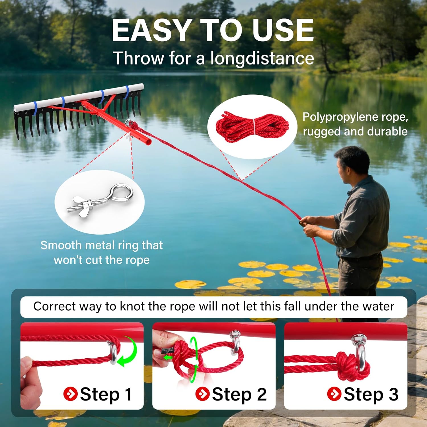 Extra Large Aquatic Weed Rake Heavy Duty Aluminum Pond Rake with 6" Metals Long Tines 37" Double Sided Floating Lake Harrow 11' Pole for Removal of Weeds Leaves & Floating Scum( Patents Pending)