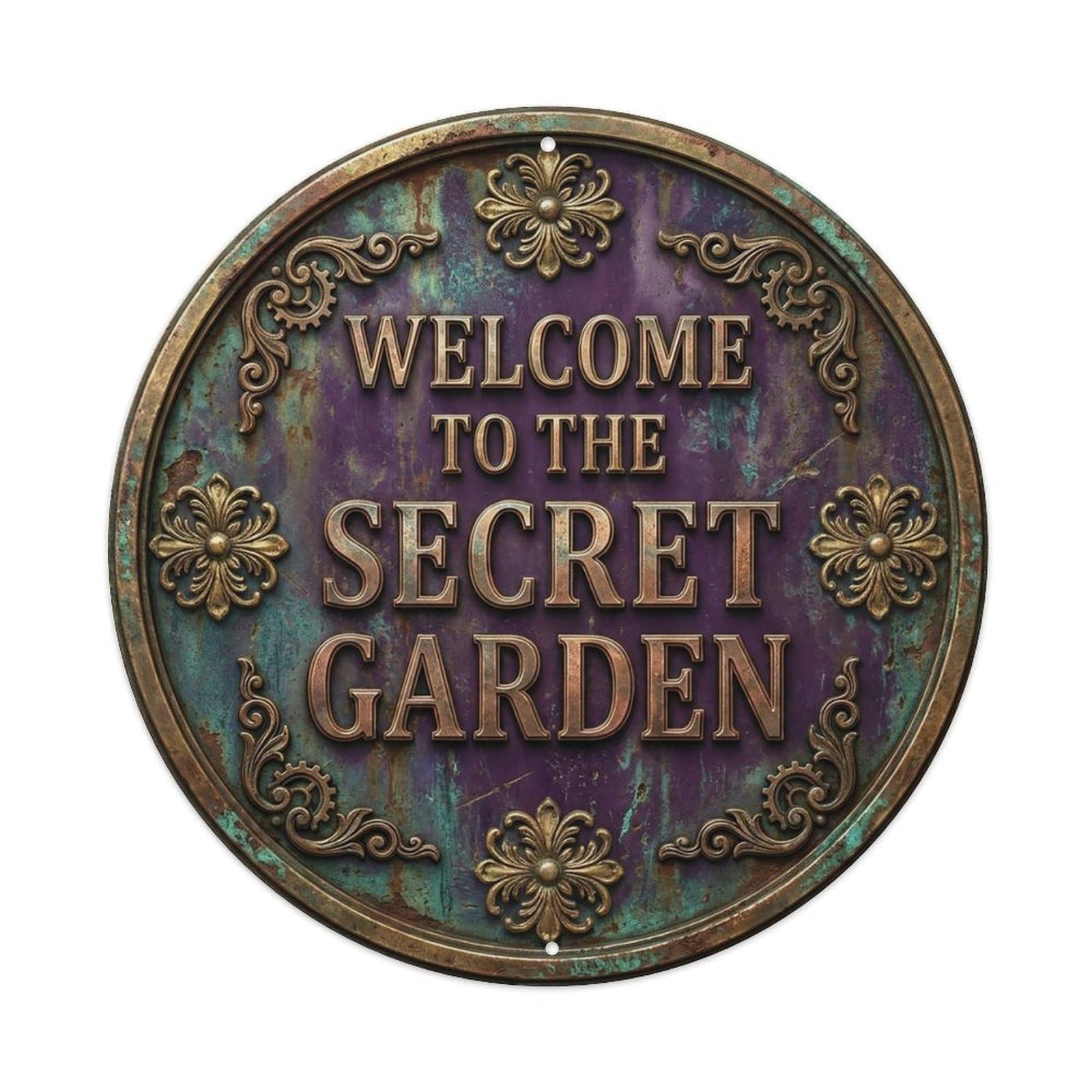 Vintage Welcome Secret Garden Gold Eggplant Embellished Metal Tin Sign