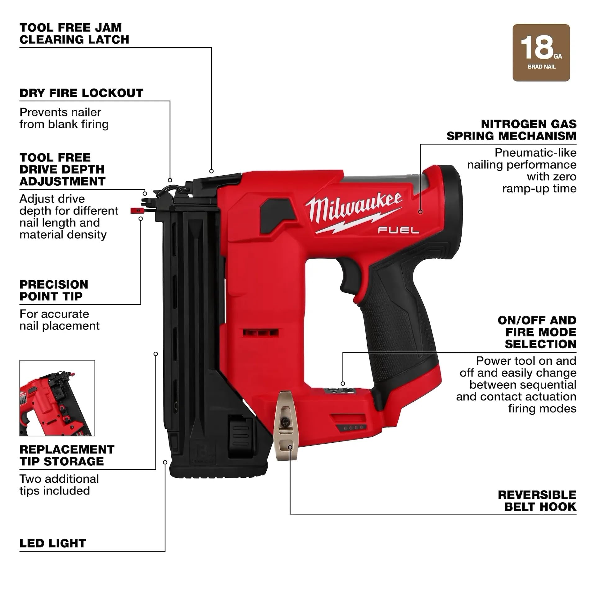 Chiodatrice a Testa compatta Senza spazzole M12 Fuel da 12 Volt Lithium-lon 18 Gauge (Solo Strumento)