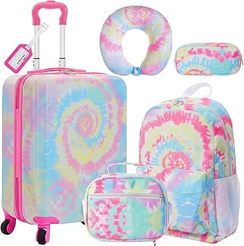Redbaker 6 Pcs Kids Luggage Set, 17 Inch Rolling Suitcase with Backpack Lunch Bag Neck Pillow, Tie-dye Travel Set for Summer Vacation Sleepover Back to School Gift