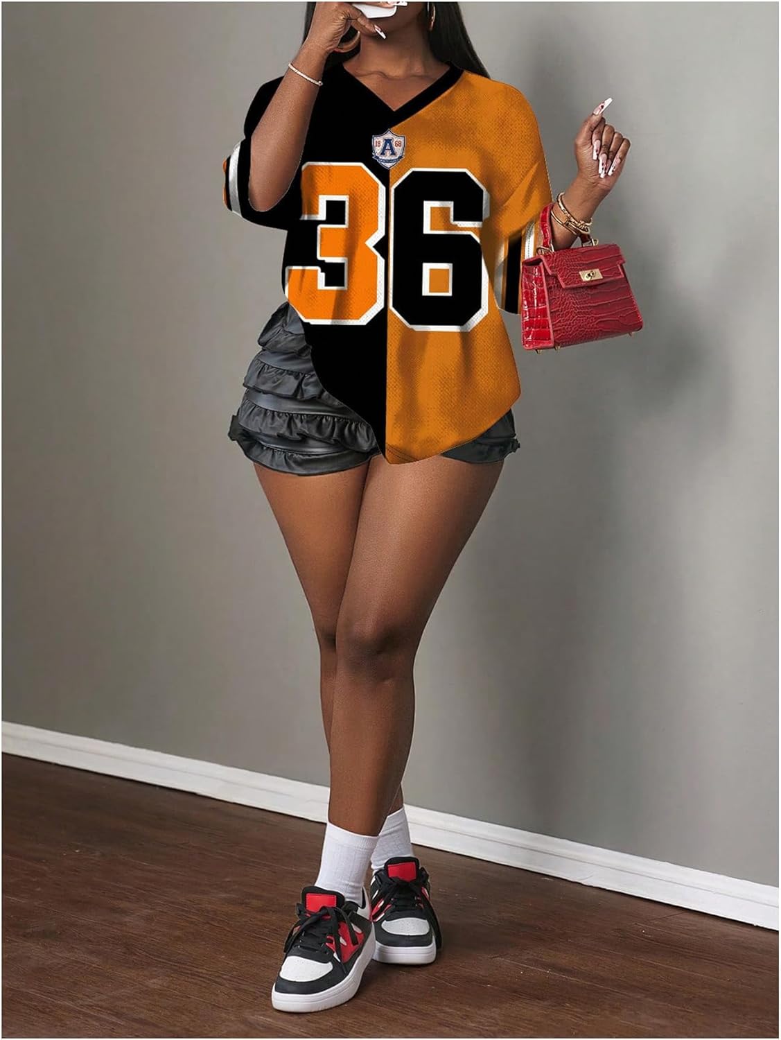 WDIRARA Women's Jersey Shirts Number Color Block Tee Graphic V Neck Half Sleeve Oversized Tops - Image 6