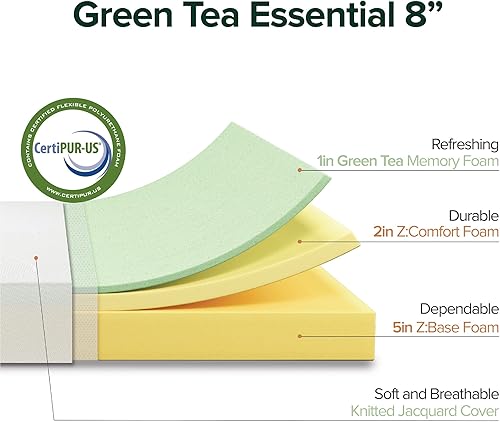 Miniatura 6 de Zinus Colchón de espuma viscoelástica esencial de té verde de 8 pulgadas, tamaño Queen, colchón en una caja, colchón asequible, certificado