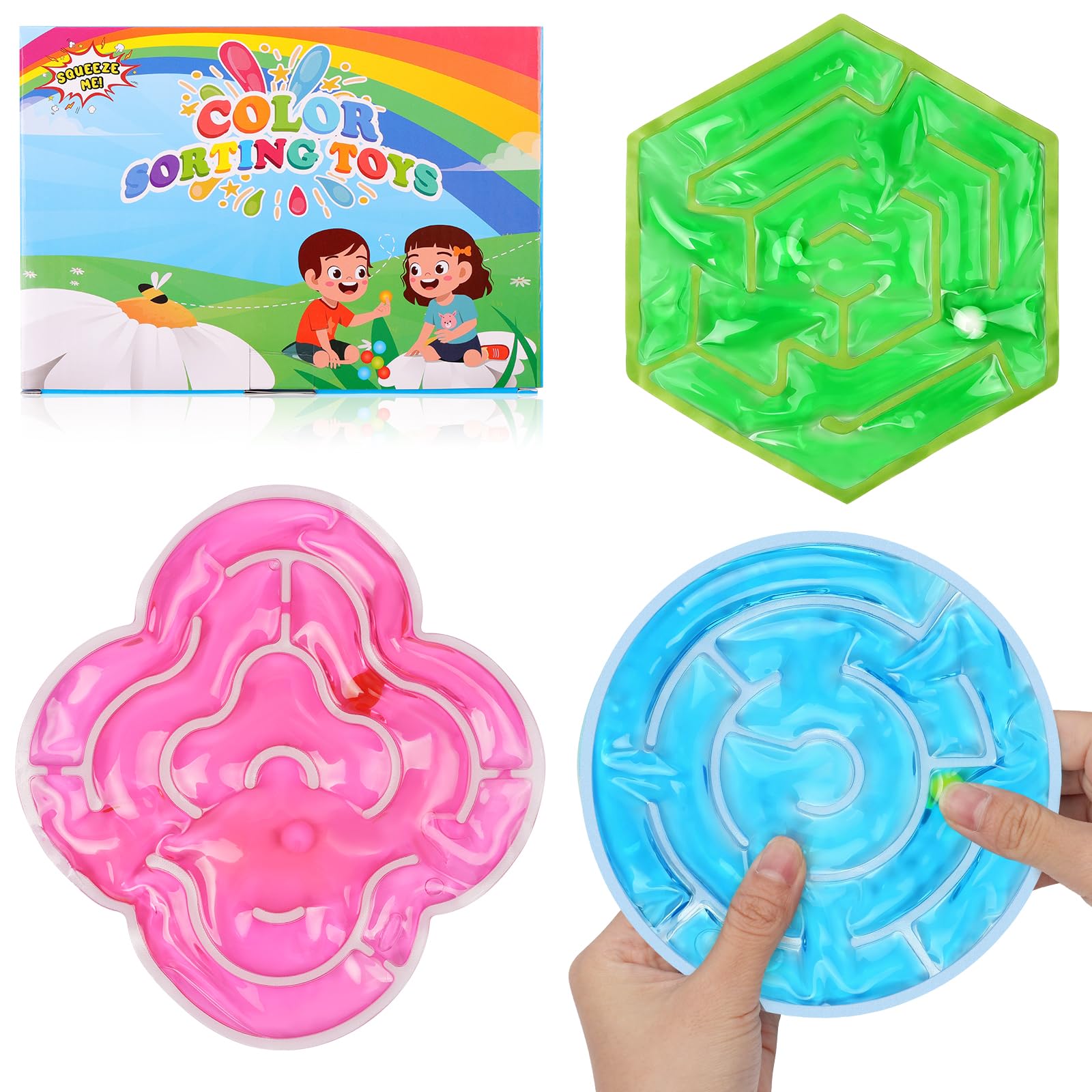 Ainiv 3 Pack Maze Sensory Toys, Fidget Toy for Anxiety, Squishy Fidget Toy for Kids Adults, Special Needs Developmental Toys(Maze Type Green + Sky Blue + Rose Red)