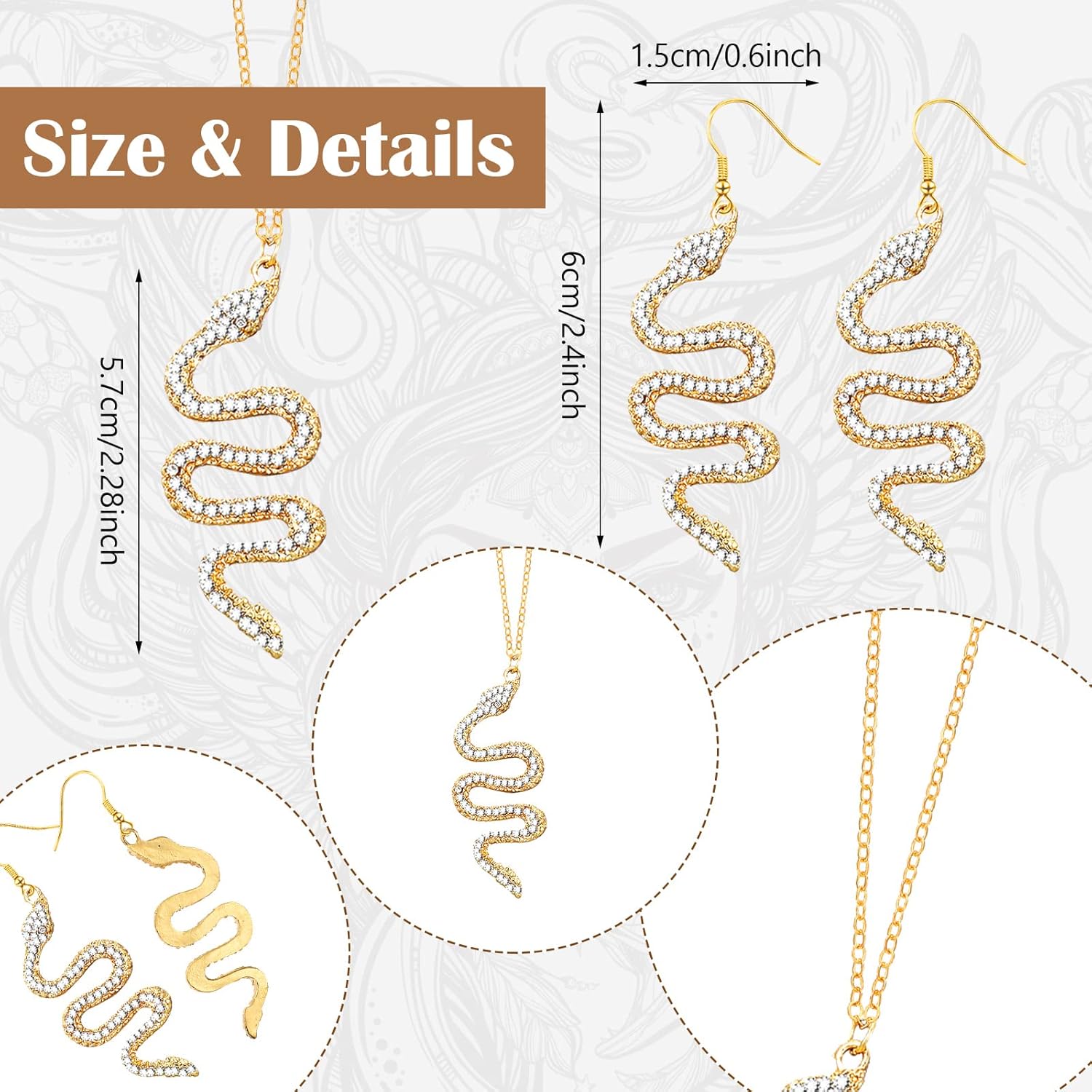 Kathfly 5 Pcs Halloween Medusa Snake Costume Necklace and Earrings Medusa Snake Headband Adjustable Finger Ring and Bracelet Hand Chain Gold Rhinestone Jewelry Accessories for Women - Image 4