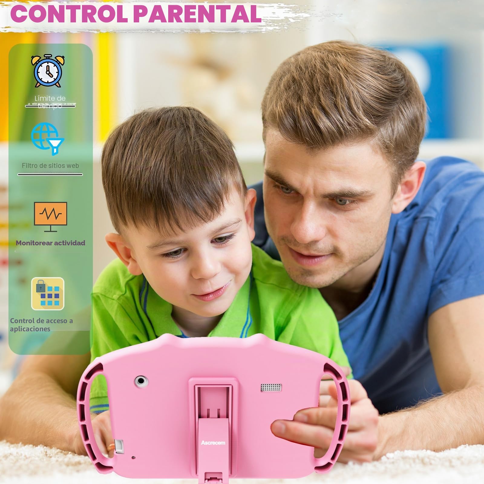 ascrecem Tablet Niños 7 Pulgadas Android Tablet Infantil con WiFi Doble Cámara Control Parental Quad Core 2GB RAM 32GB ROM Juegos Educativos Tableta Bebe de 3 a 14 años Chica Chico (Rosa)