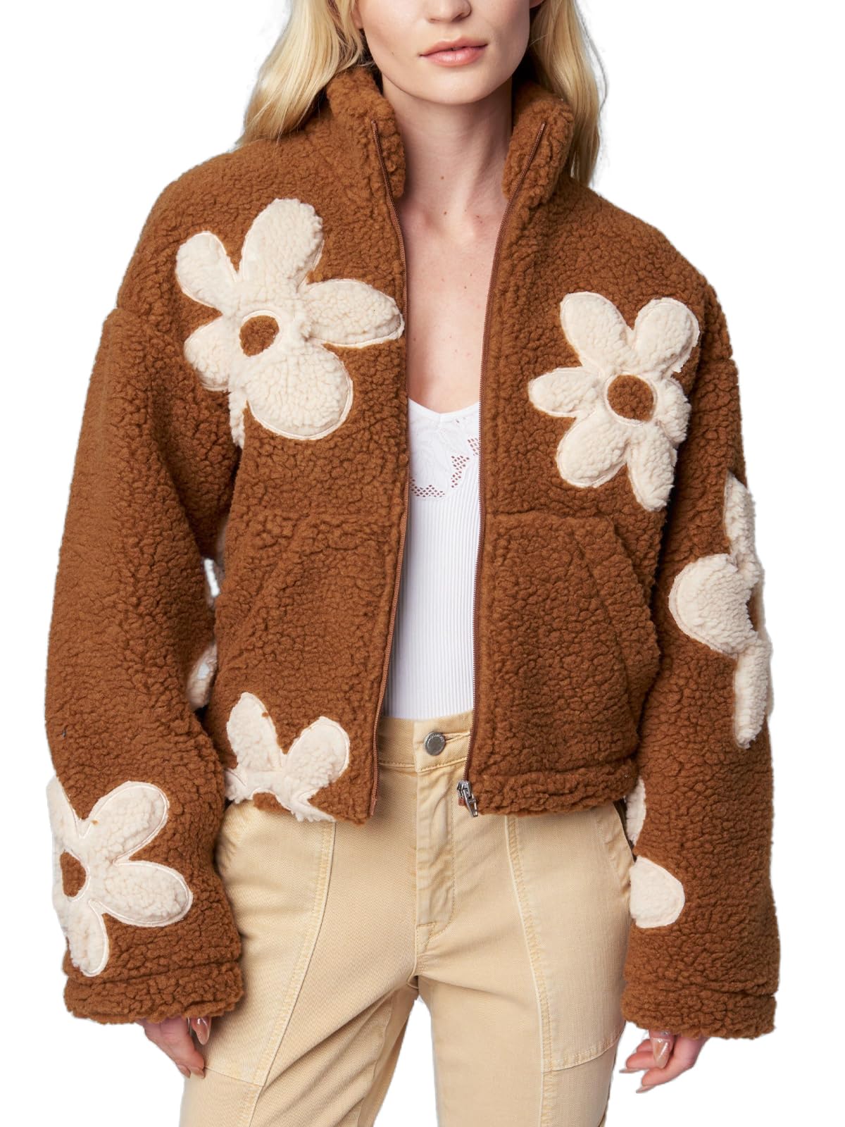 HOULENGS Women's Floral Print Sherpa Fleece Jackets Casual Long