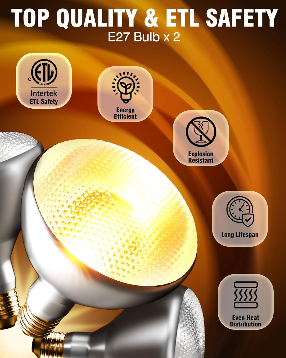 Close-up of an ETL certified E27 bulb for the food warming lamp