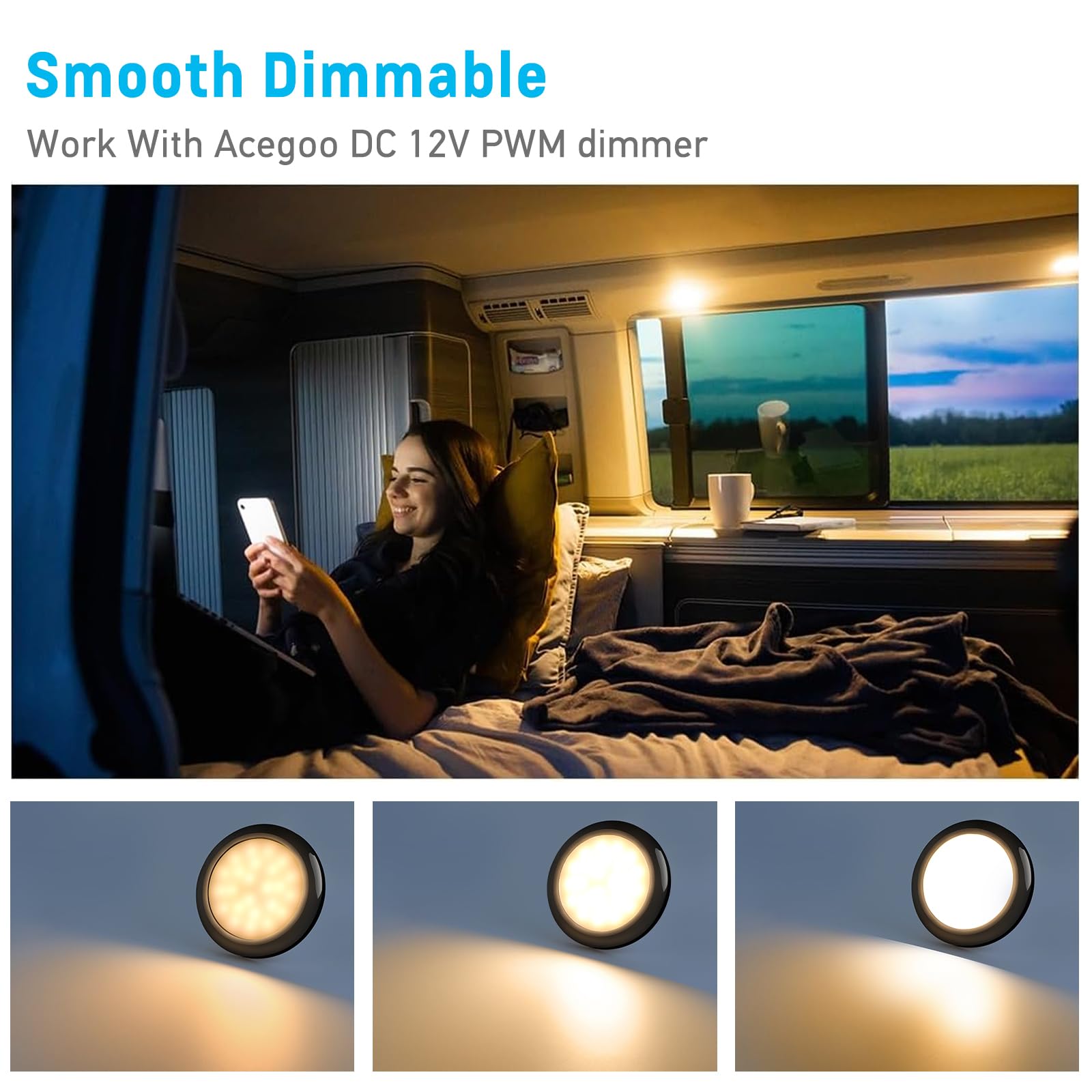acegoo 12V Luz de Techo LED Camper Autocaravana Iluminación Interior, para Caravana Barco Remolque Coche, Material de PC Regulable 235lm 4PCS (Negro, 5000K)