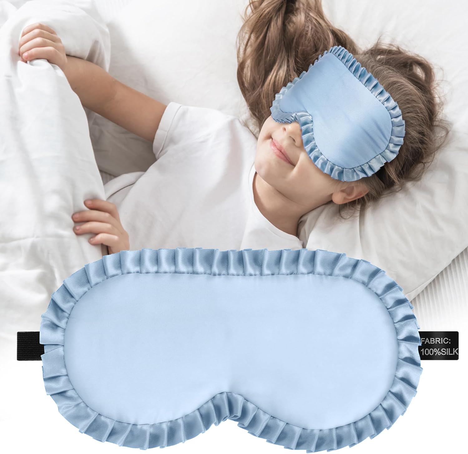 Kids Sleep Mask Eye Cover, 100% Real Mulberry Silk Sleep Mask with Adjustable Strap, Kids Blindfold for Sleeping, Boys Girls Eye Shade for Ages 5+, Soft and No Pressure (Blue)