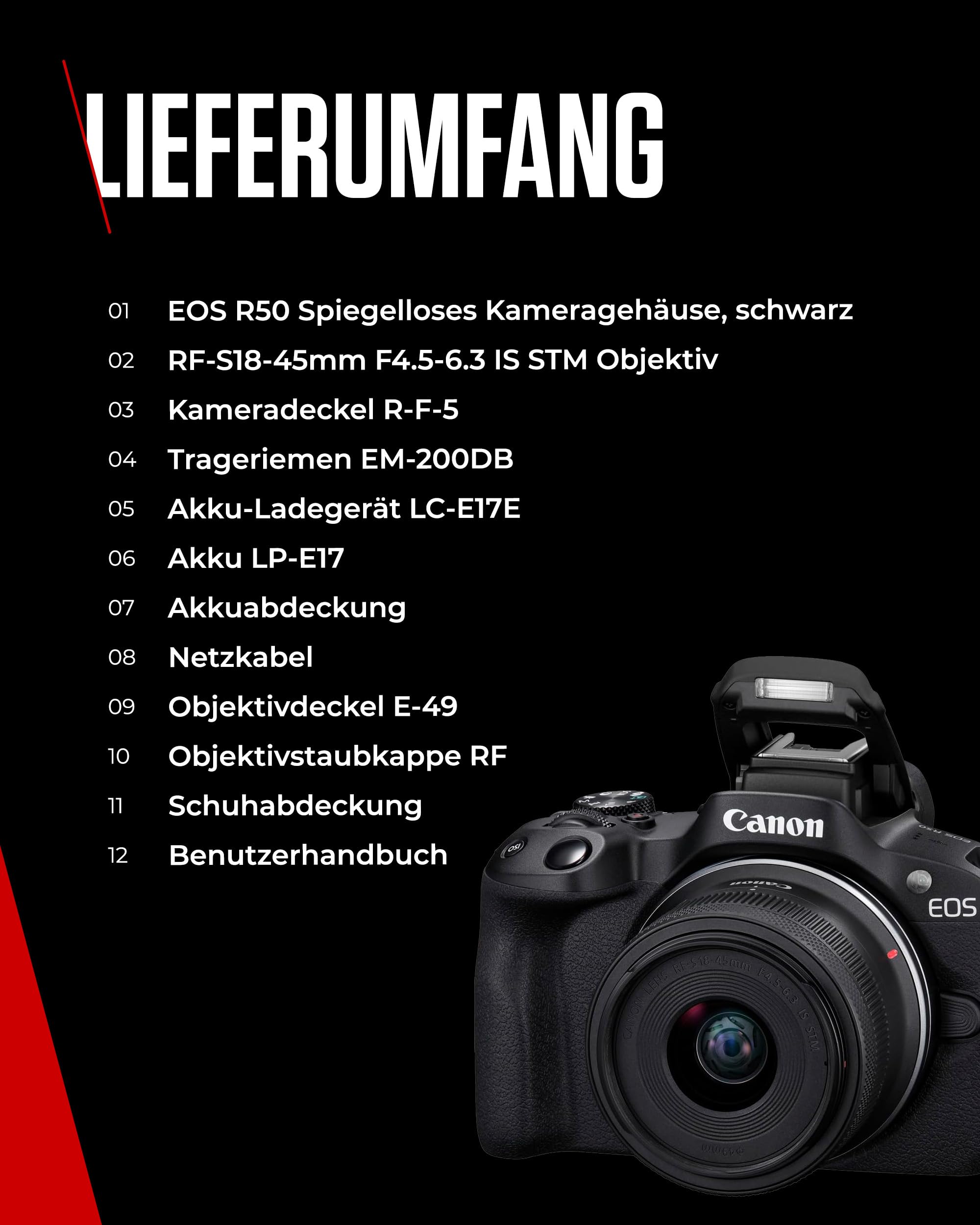 Canon EOS R50 Systemkamera + RF-S 18-45mm is STM Objektiv - Spiegellose Kamera (Digitalkamera mit Autofokus + Motiverkennung für Personen Augen Tiere Fahrzeuge, 4k Video, 15 Bilder pro Sek.) schwarz