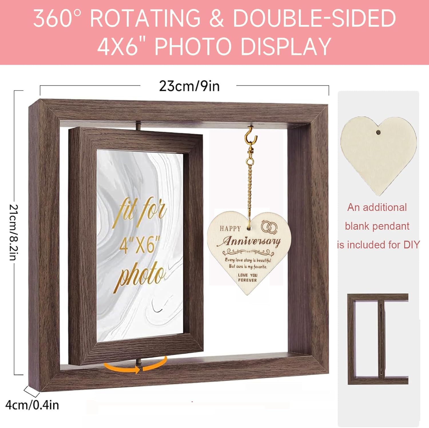 Happy Anniversary Picture Frame Gifts for Women, 4x6 Rustic Wood Rotating Floating Anniversary Wedding Gifts for 4x6 Pictures for Her Him Wife Husband Men Couple Boyfriend Girlfriend, Happy Anniversary Decorations Bridal Shower Gift - Image 6