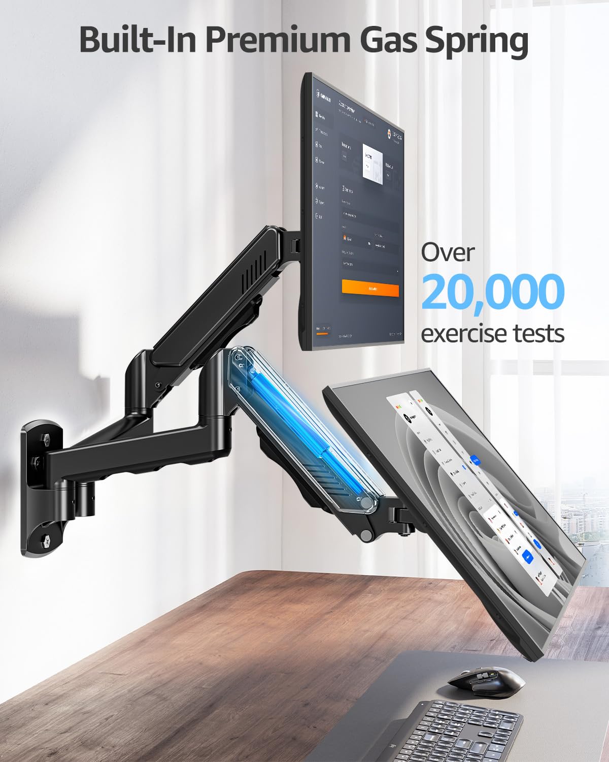 MOUNTUP Supporto da parete per doppio monitor per 2 schermi di computer da 32 pollici, braccio doppio completamente regolabile, supporto per monitor da parete supporto per monitor da 2 a 9 kg, staffa