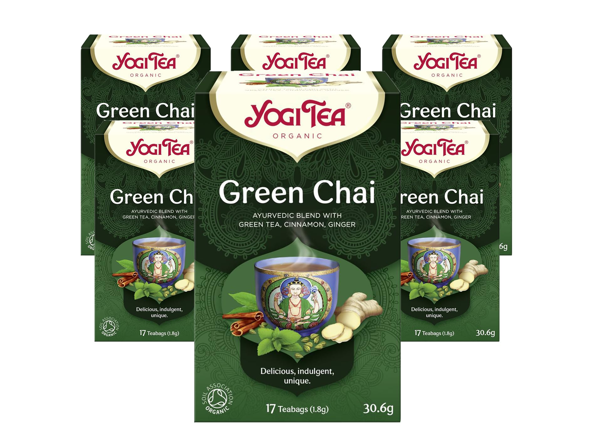 Yogi Tea, Green Chai, Organic Herbal Tea, Blend of Green Tea, Cinnamon and Ginger, 6 Packs x 17 Tea Bags (102 Teabags Total)