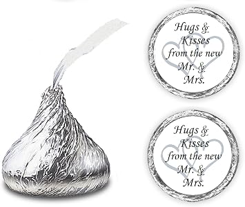 324 Hugs and Kisses from the new Mr. & Mrs. with Interlocking Hearts Wedding Stickers, Chocolate Drops Labels for Bridal Shower Engagement Party Decorations, Kiss Favors Decor. Made in USA Silver