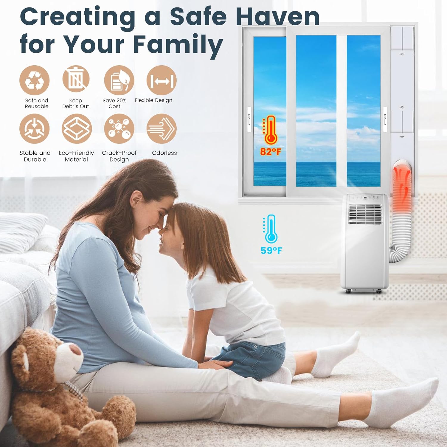 Portable AC Window Seal Kit (No Hose) - 4 Adjustable Panels 17" to 61", Fits LG Whynter Haier 99% Portable Air Conditioners, Airtight Sliding Window Vent Seal, Replacement Window Kit