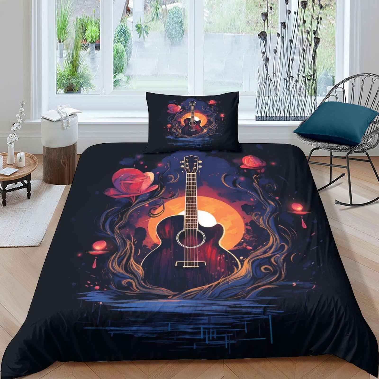 Housse de couette hypoallergénique en microfibre douce avec fermeture éclair motif guitare