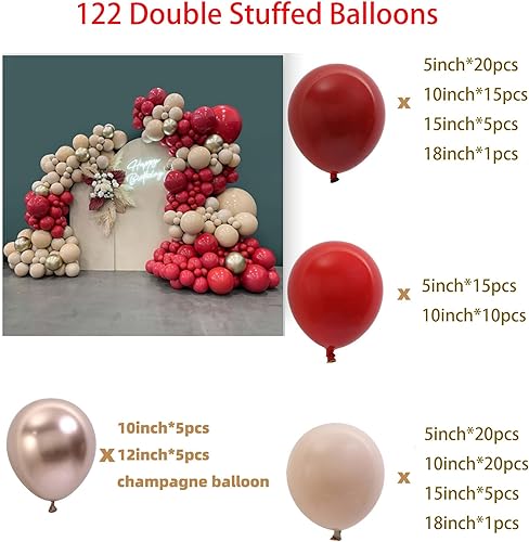 Miniatura 2 de Kit de arco de globos de Navidad de 122 piezas, globos rojos de color dorado champán, globos de doble relleno de melocotón crema para cumpleaños,