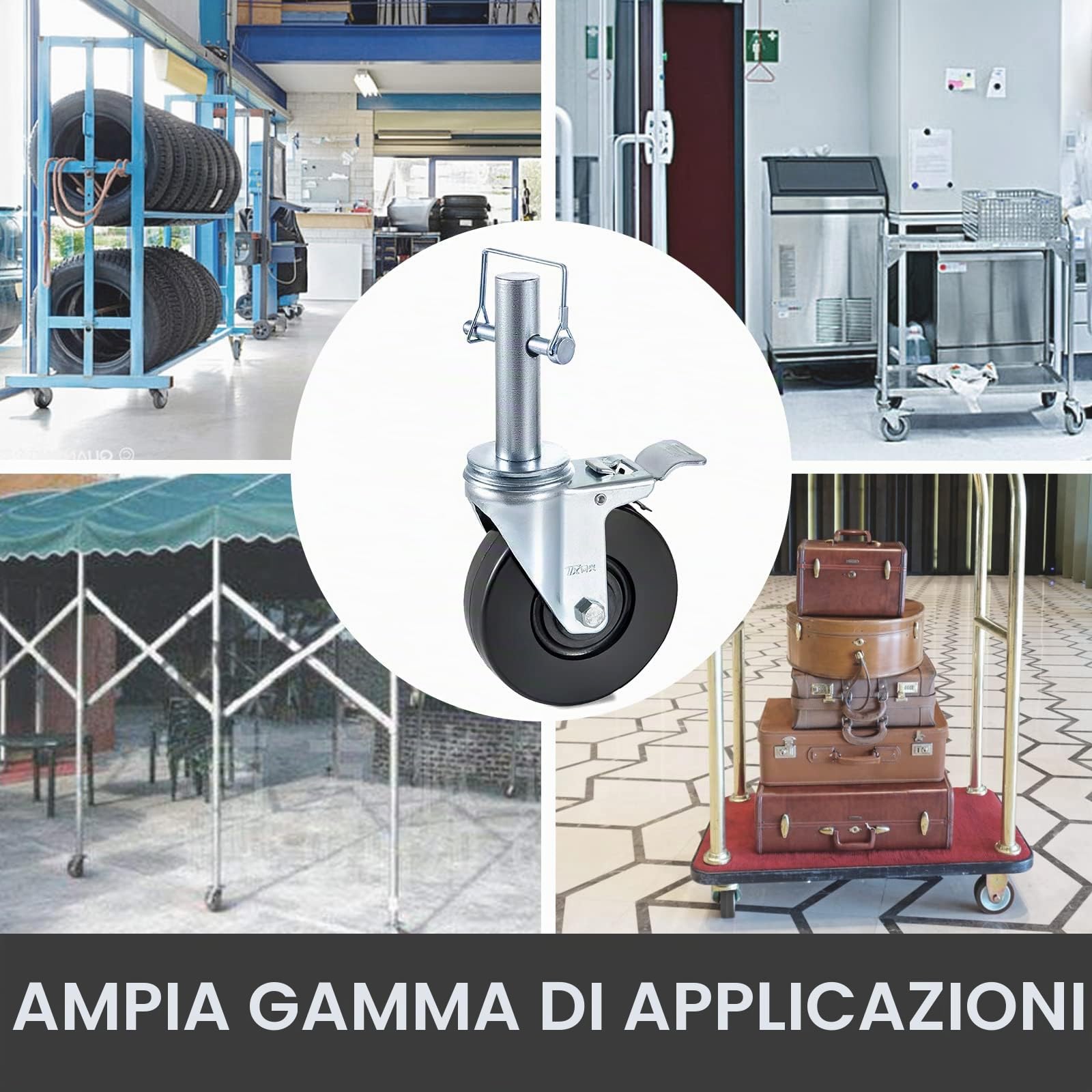 VEVOR Ruote Girevoli in Poliuretano, Ruote con Stelo Girevole con Doppio Freno di Bloccaggio, Piedini Regolabili, Capacità di Carico di 1100 Libbre per Ruota, Confezione da 4, 8 Pollici