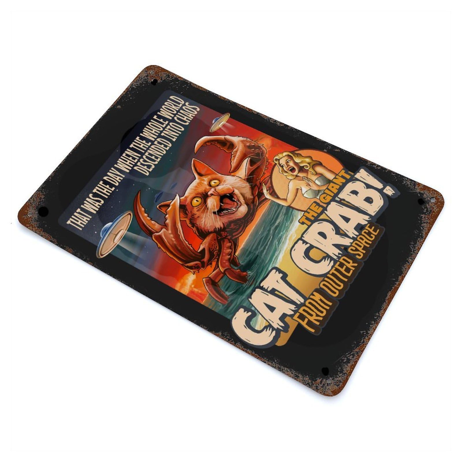 Weathered Tin Sign with Giant Cat Crab Design 11.8"x7.9", for Basement, Hobby Room And Garage Decor, Industrial Home Decor