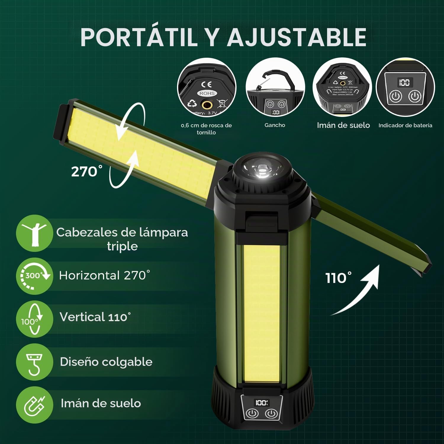 Foco LED recargable con soporte, 2000 lúmenes, batería de 6000 mAh, 7 modos de luz, lámpara de trabajo magnética para exteriores, reparación de coche, camping, inalámbrico, USB C [clase