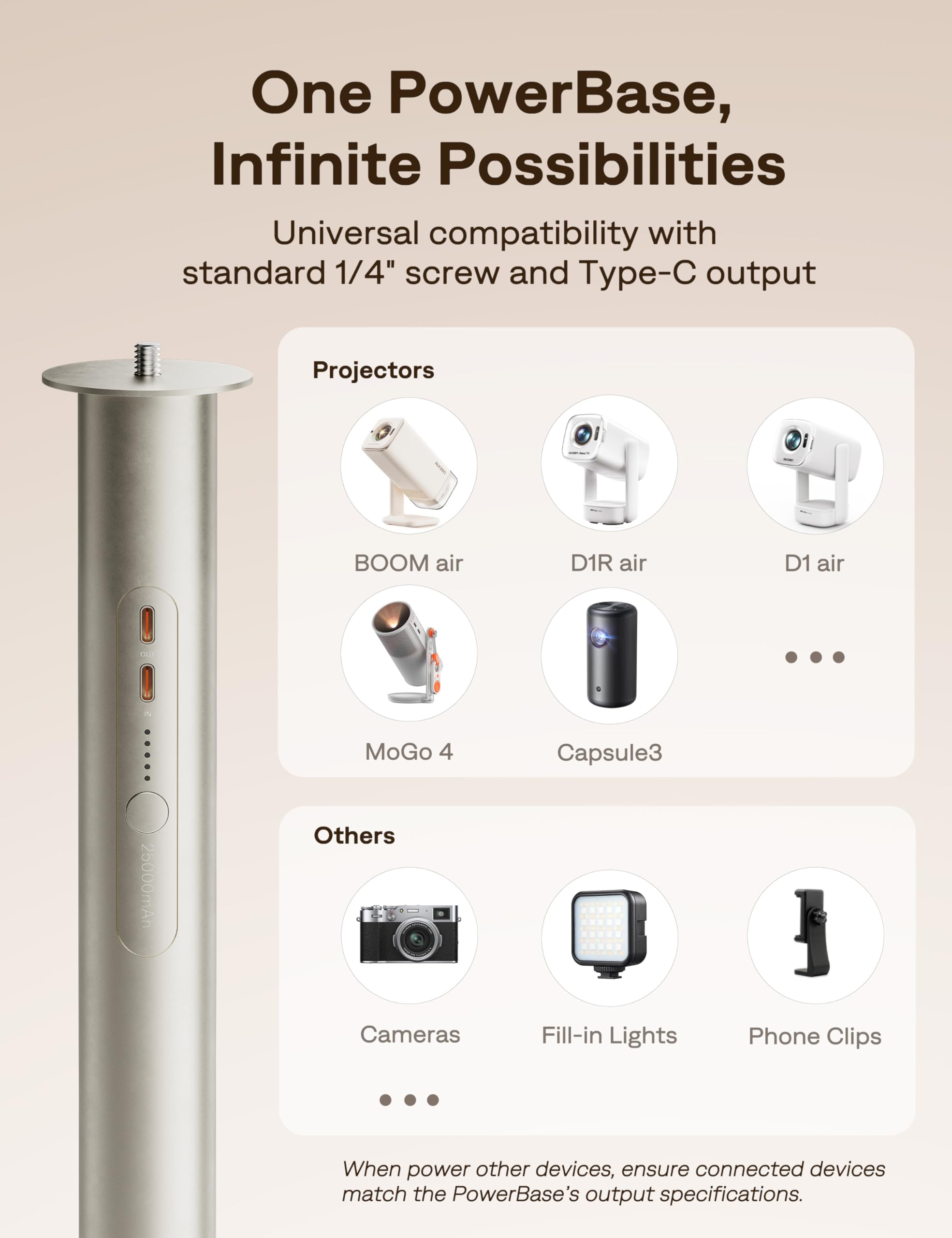 Aurzen PowerBase-Ständer für Boom Air/D1 air Projektoren, 2-in-1-Powerbank mit 25000 mAh Akku, 2 Stunden Wiedergabezeit, flexibel und tragbar für Outdoor-Kino, Heimkino, Reisen usw.