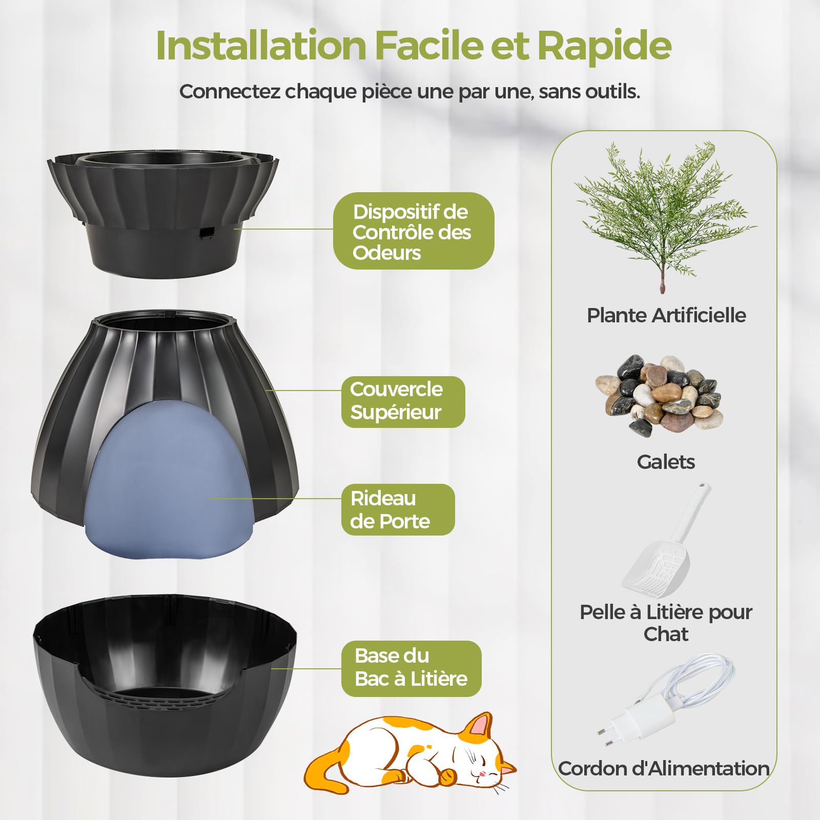 COSTWAY Bac Litiere pour Chat XXL avec Désodorisation Ionique, Grande Caisse Chat Litiere 63L avec Plante Artificielle Verte, Galets, Rideau, Pelle à Litière, Maison de Toilette pour Chaton (Noir)