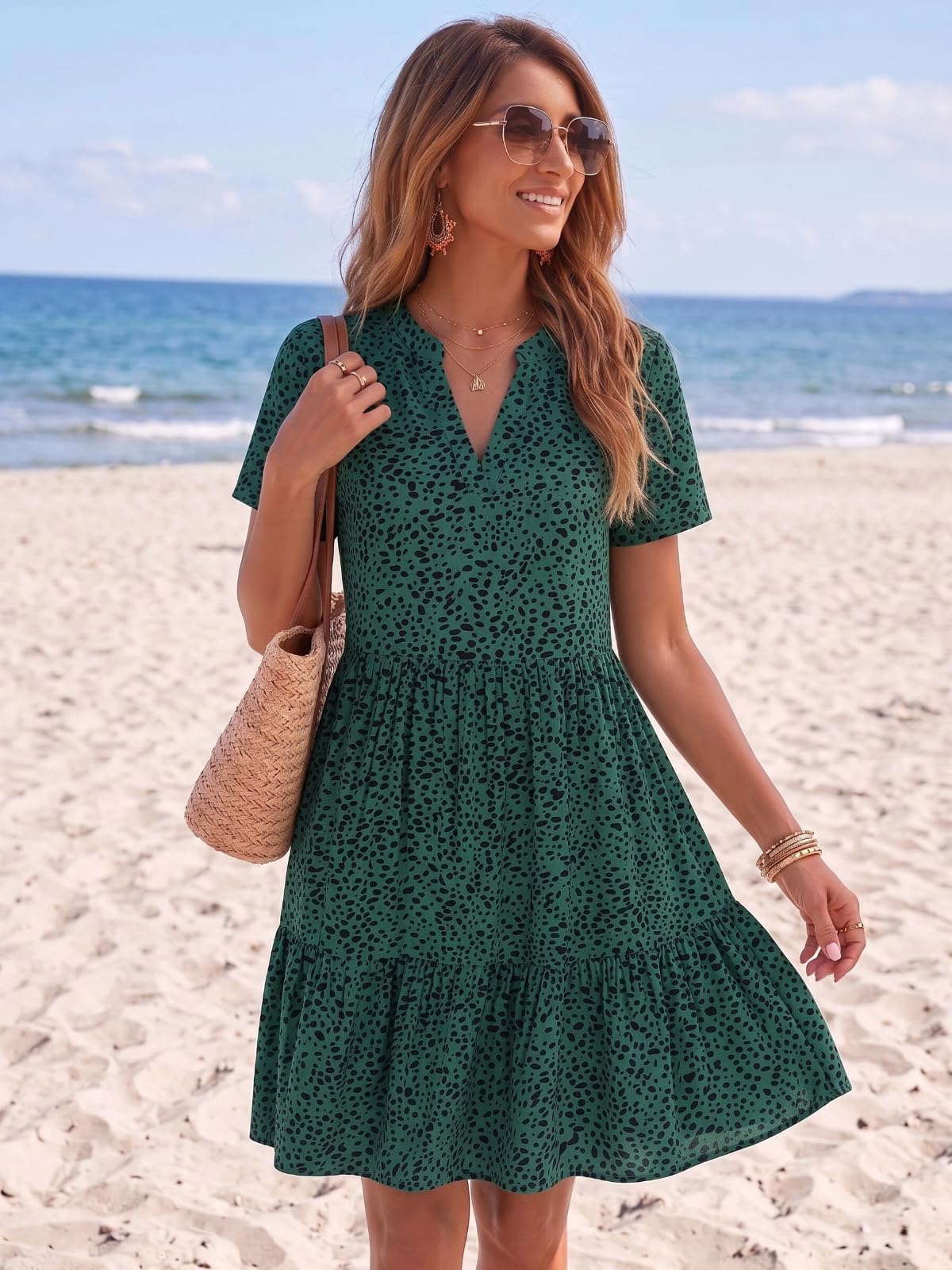 YUTILA Abito estivo da donna con scollo a V, maniche corte, linea ad A, in viscosa | corto, casual, leggero, mini abito da spiaggia