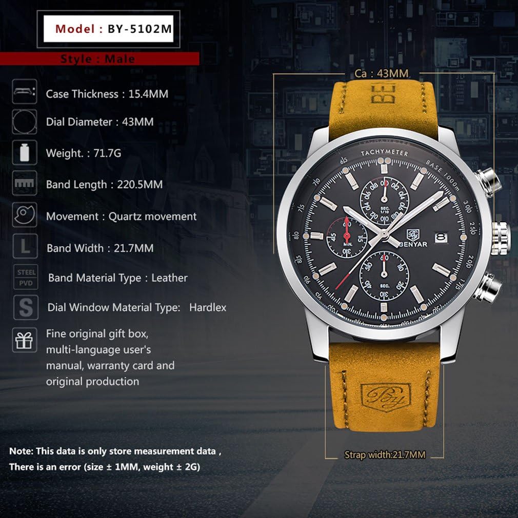 Benyar watch packaging including the watch box, user manual, and warranty card.