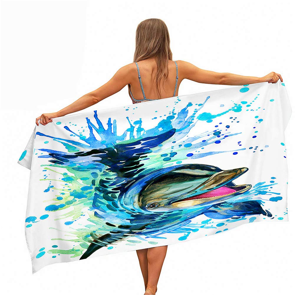 Surwin Girls Blue Splash Ink Beach Bath Towel, Jump Dolphin Print Microfibre Quick Dry Extra Large Lightweight Super Soft Summer Towels For Travel Vacation Pool Swim Or Sports Fitness (,150X180cm)