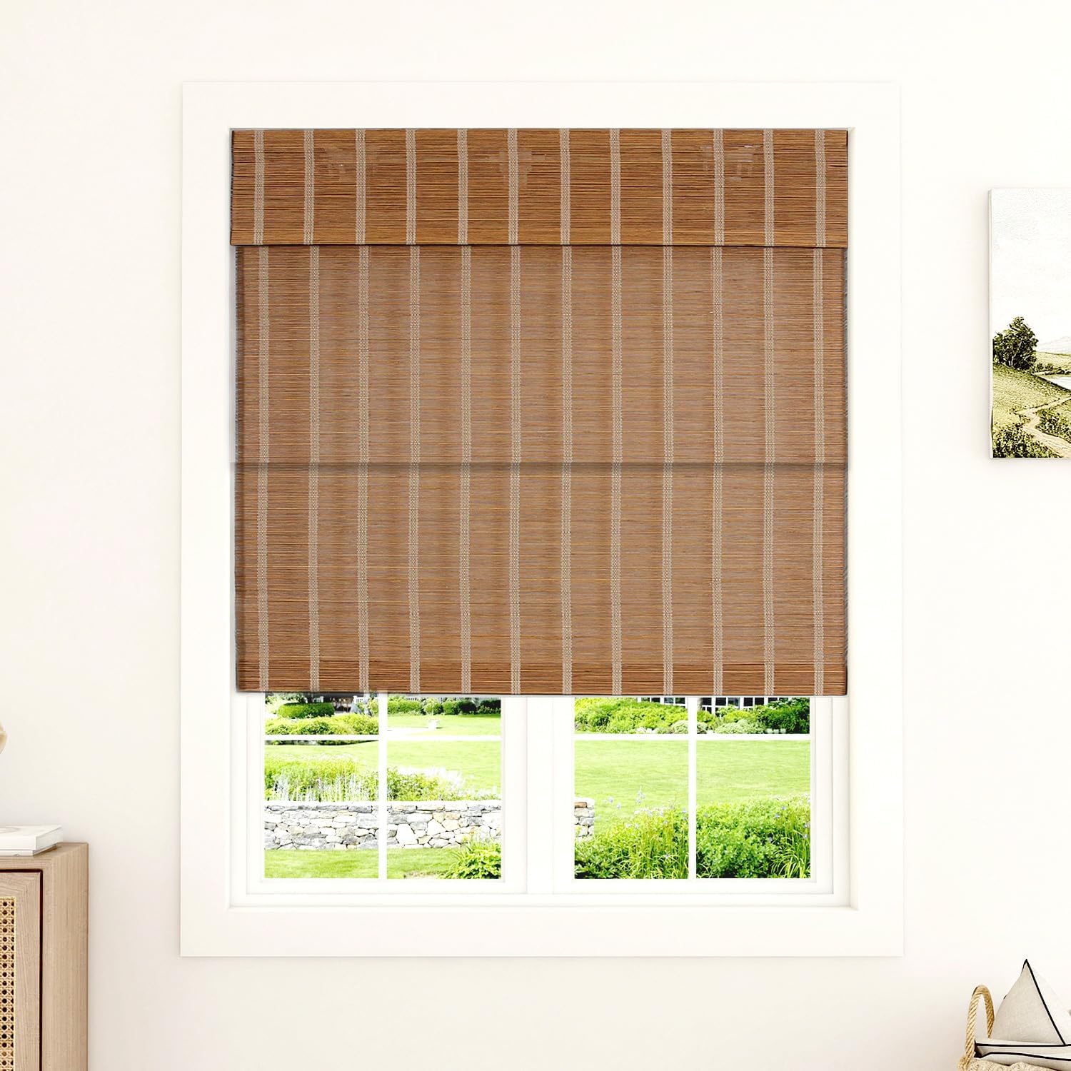 LUSTROWIN No Drill Cordless Bamboo Roman Shades, Custom Light Filtering Window Blinds with Valance, Blackout Blinds for Windows & Doors, Indoor Pull Down Shades, 20-96" Sizes, White