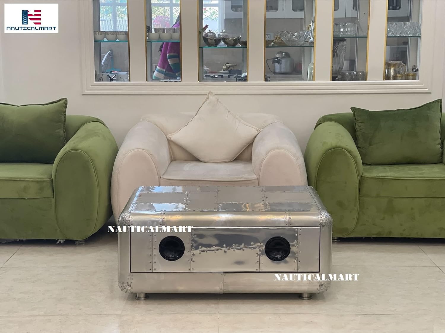 NauticalMart Vintage Aviator Coffee Table Aluminum Trunk with Storage – Home & Office Decor, Living Room Furniture