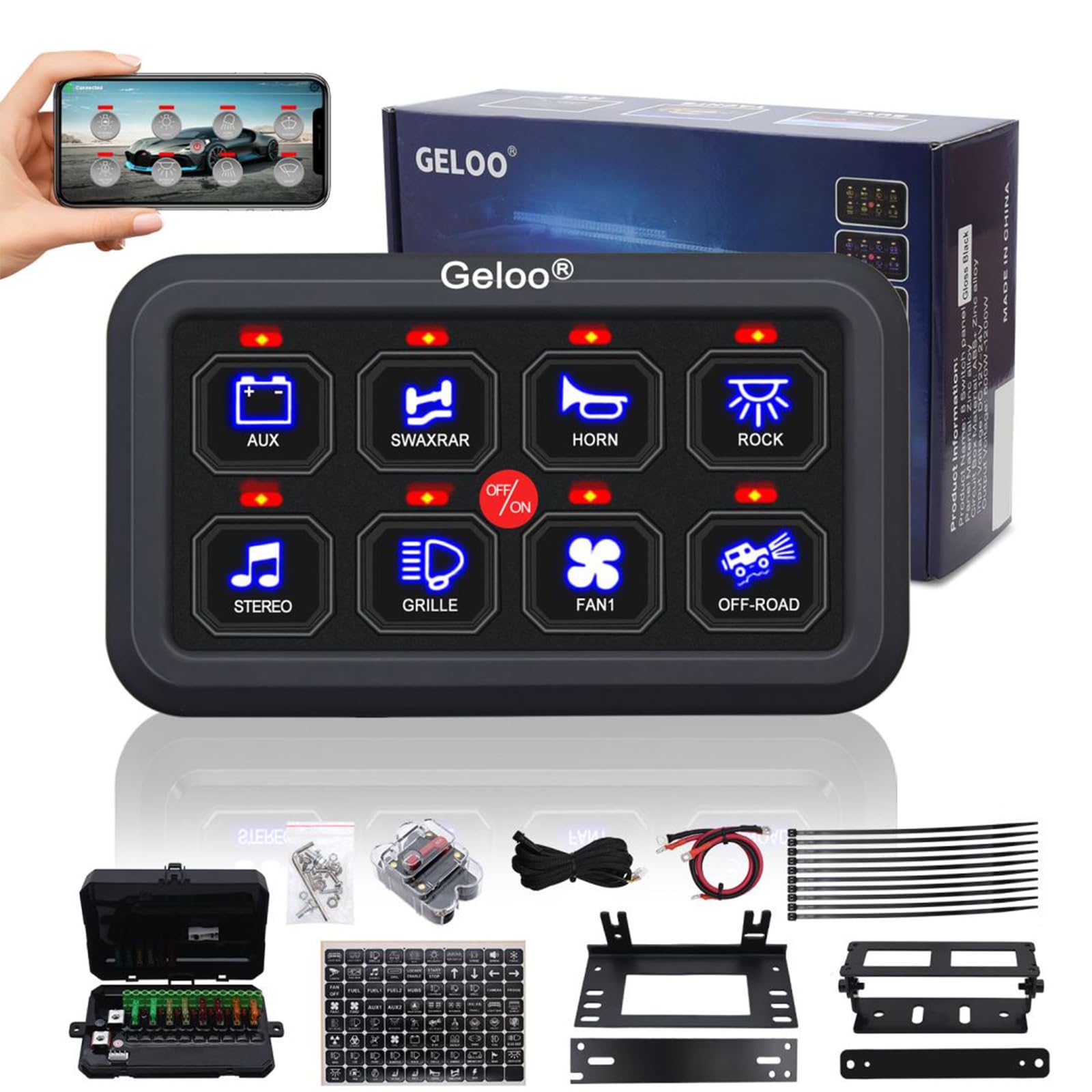 Geloo Kit de panel de interruptor de 8 marchas, universal, 12 V/24 V, sistema de relé de circuito táctil, panel de conmutación RGB, siete colores, regulable con aplicación On-Off Interruptor