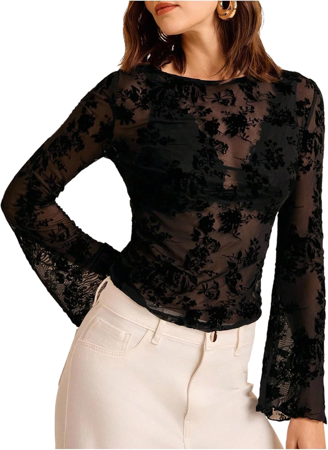 Women's Floral T Shirts Sheer Mesh Crew Neck Bell Long Sleeve Fitted Crop Tops