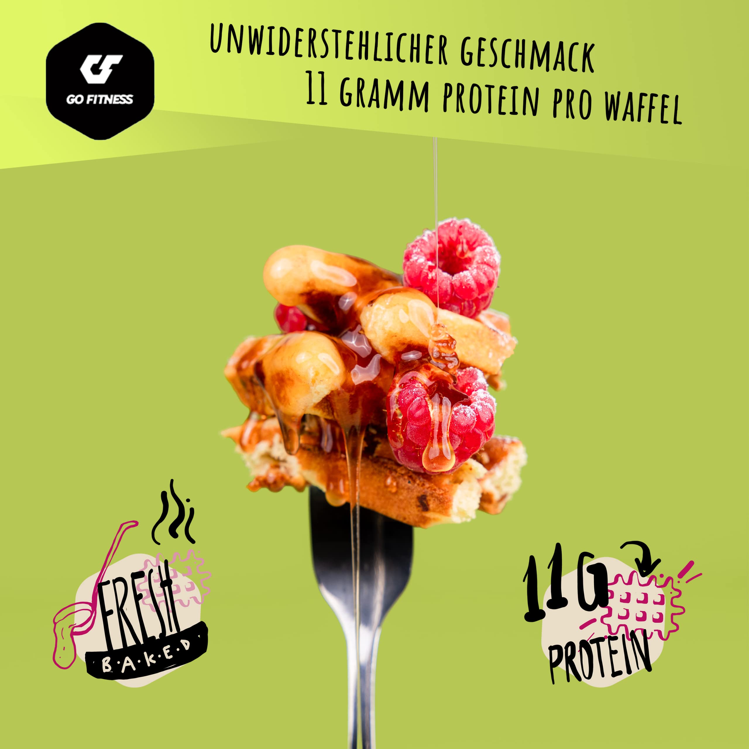 NEUE REZEPTUR - Go Fitness – [12x 50g] High Protein Waffeln – Himbeere - Waffeln extrem lecker und frisch gebacken - gesunde Energieriegel zum Muskelaufbau - Eiweißriegel 11g Protein