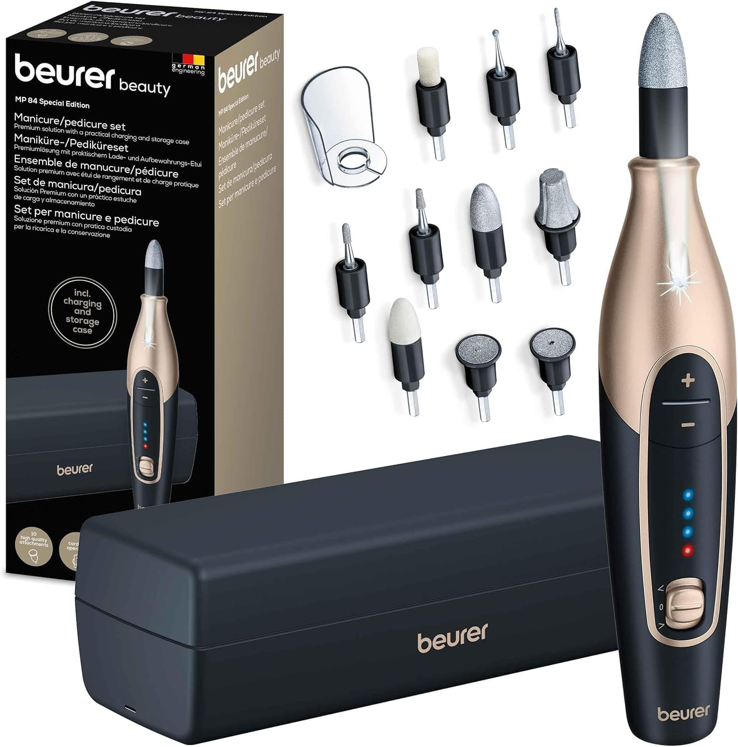 Beurer MP 84 Special Edition elektryczna frezarka do paznokci, zestaw do manicure-pedicure, 10 nasadek, oświetlenie LED, w zestawie etui do przechowywania, do 4400 obr./min, czarny
