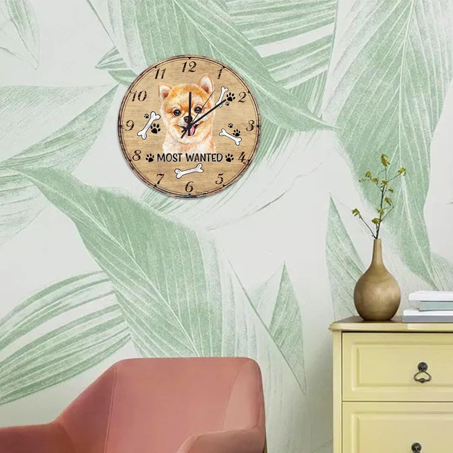 Cute Pet Dog Paw Hanging Clock 10in Brown Wood Grain Wooden Clock No Ticking Sound Marine Style Housewarming Gift Tuscan Popular Wall Decor for Table Living Room Dorm Garage image 5