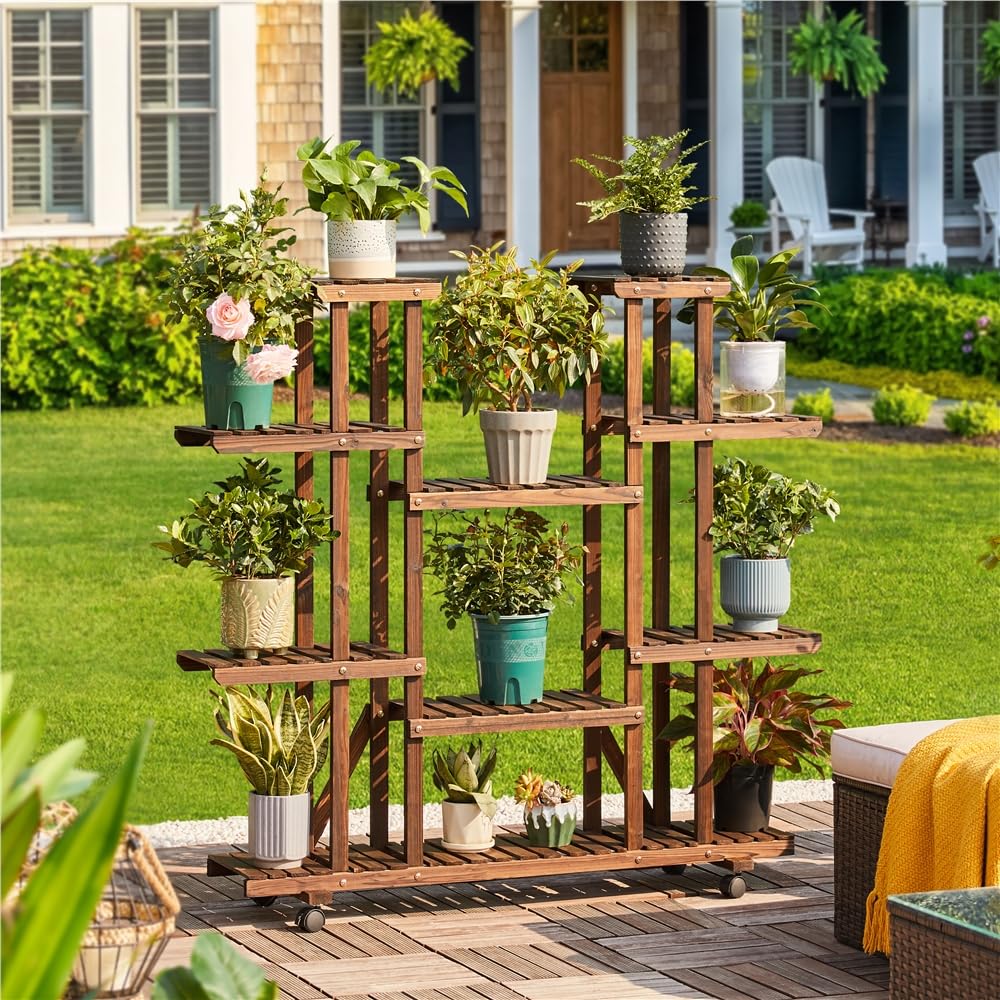 Yaheetech Étagère à Fleurs en Bois Supports de Pots à roulettes Porte Plante 9 Tablettes Escalier Présentoire de Jardin 124,5 x 33 x 120 cm