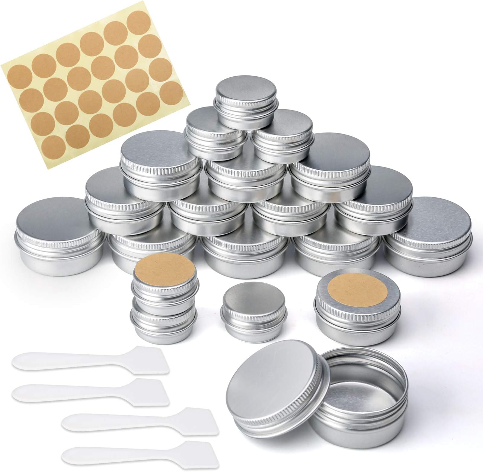 20 Pcs Empty Cosmetics Container Pots 3 Sizes Aluminium Tin Jars with Screw Lids, Labels and Mini Spatula, Sample Pots for Lip Balm, Candle Making, Cream, Sample, Powder, Cosmetics (20ml 10ml 5ml)