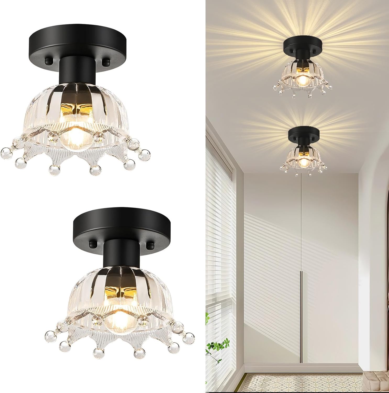 2 Pack Black Modern Ceiling Light, Small Kitchen Light Fixtures, Glass Semi Flush Mount Ceiling Light for Hallway, Foyer, Entryway, Laundry Room (7 in)